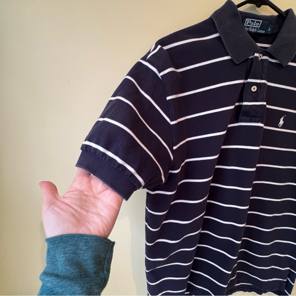 Polo Ralph Lauren Polo Shirt Blue Striped White Pony Cotton Mens Large Classic - Picture 5 of 9